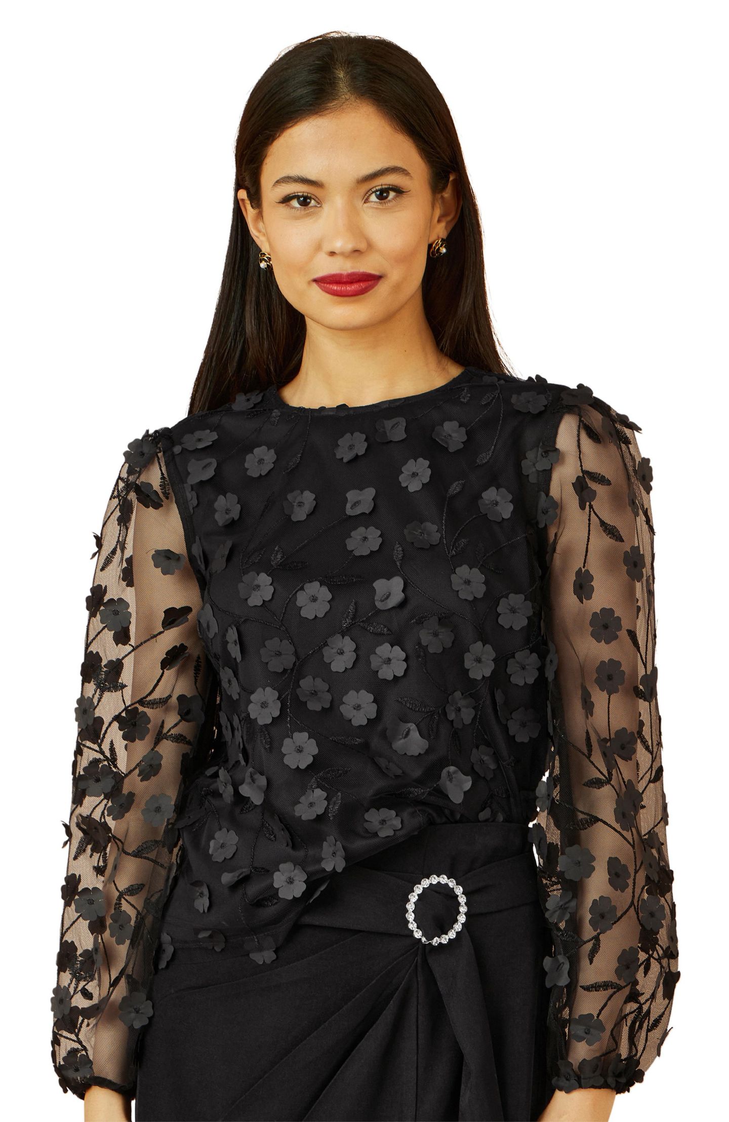 Женский топ Yumi Long Sleeve Sheer Floral, цвет: Чёрный — фото 6