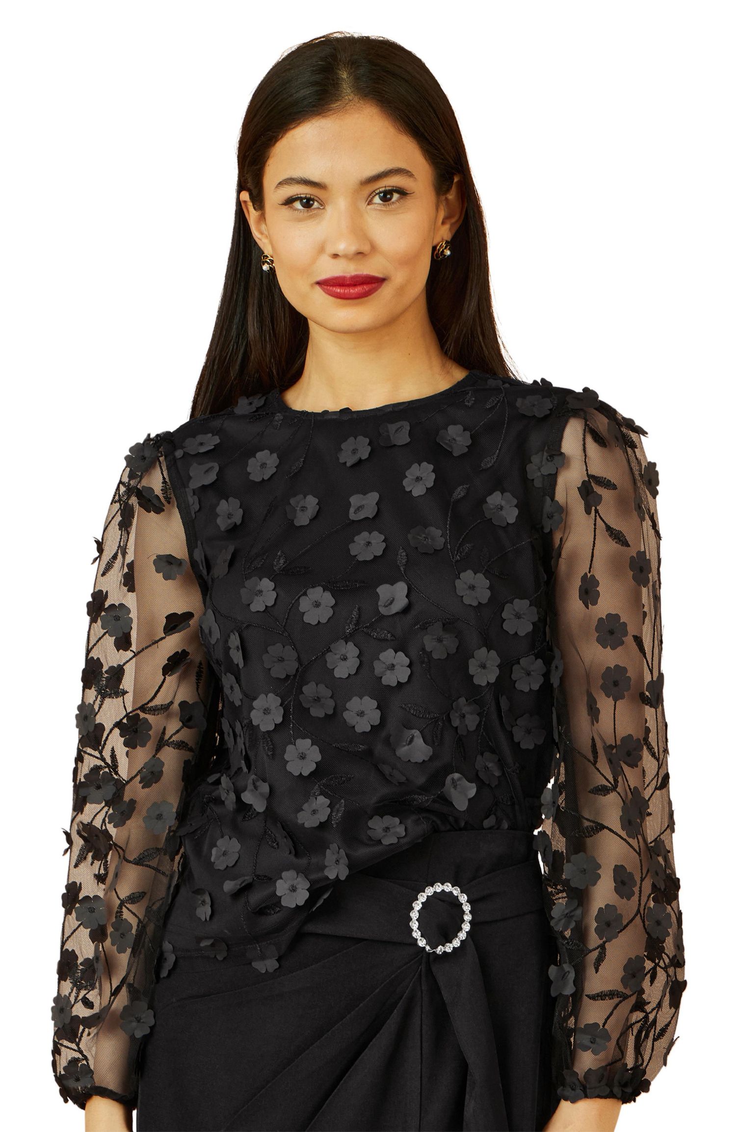 Women's Long Sleeve Sheer Floral Top