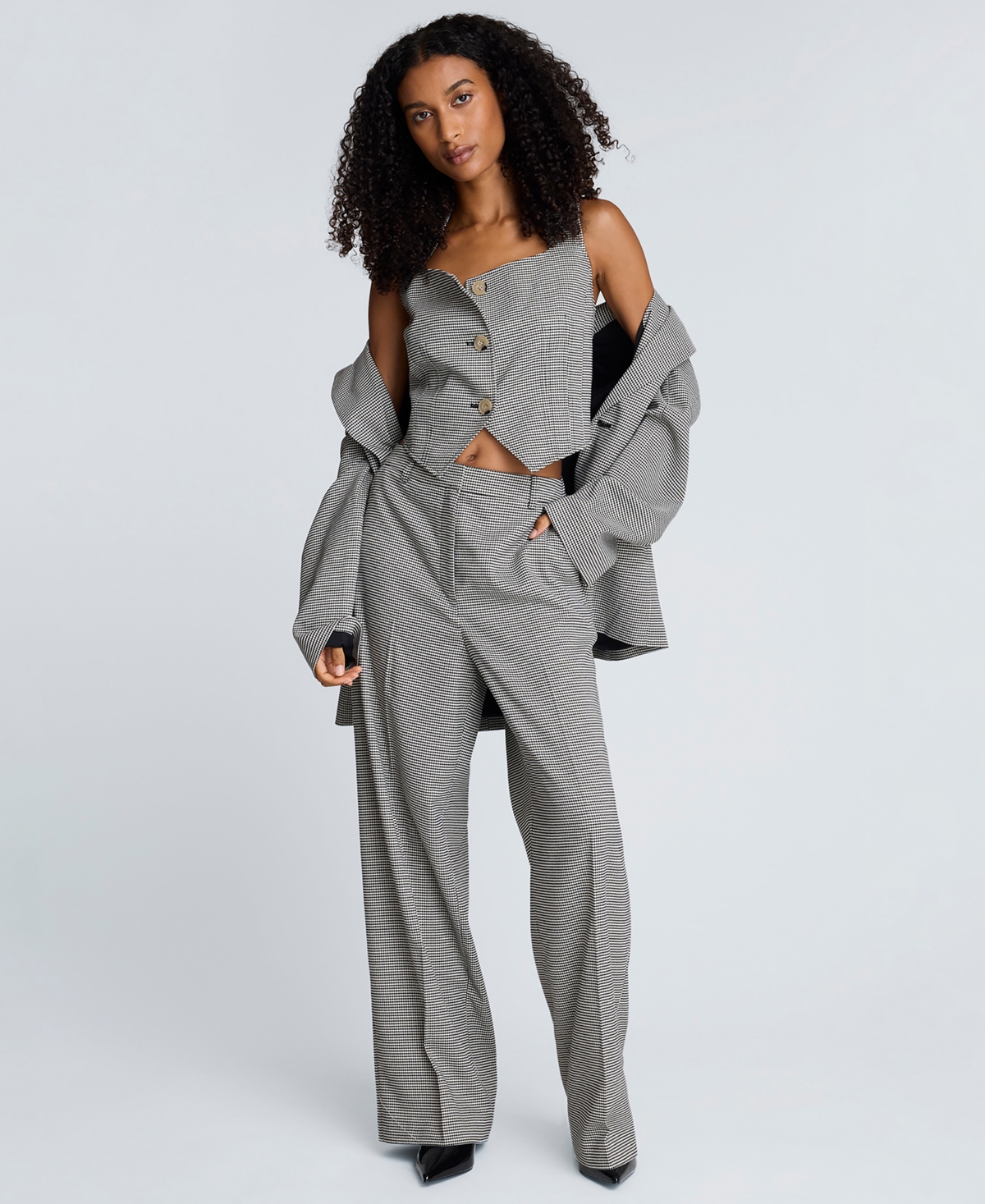 Kenneth Cole Women's Houndstooth Boyfriend Wide Leg Pants In Gray