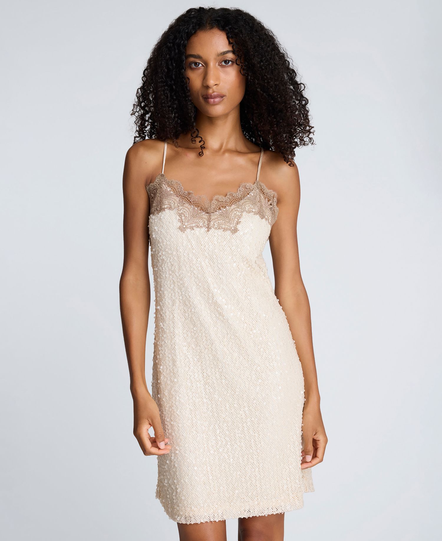 Sequin Netting Lace Trim Slip Dress