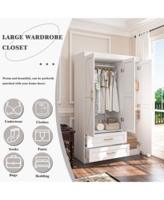  Freestanding   Wood   Hanging Rod & Shelves Bedroom Armoire