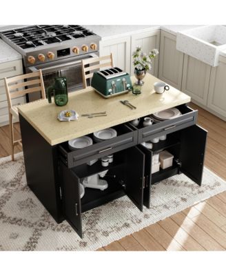 61x29.5x35.4 inches Kitchen island with 2 drawers, 4 doors, storage table with sockets, coffee station and microwave rack for home