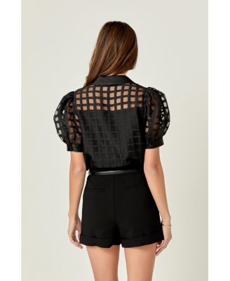 Women's Short Sleeve Organza Grid Blouse