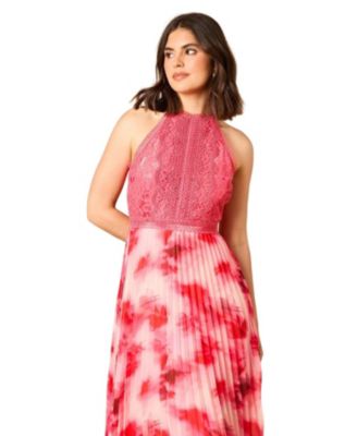 Women's Printed Lace Mix Halterneck Midi Dress