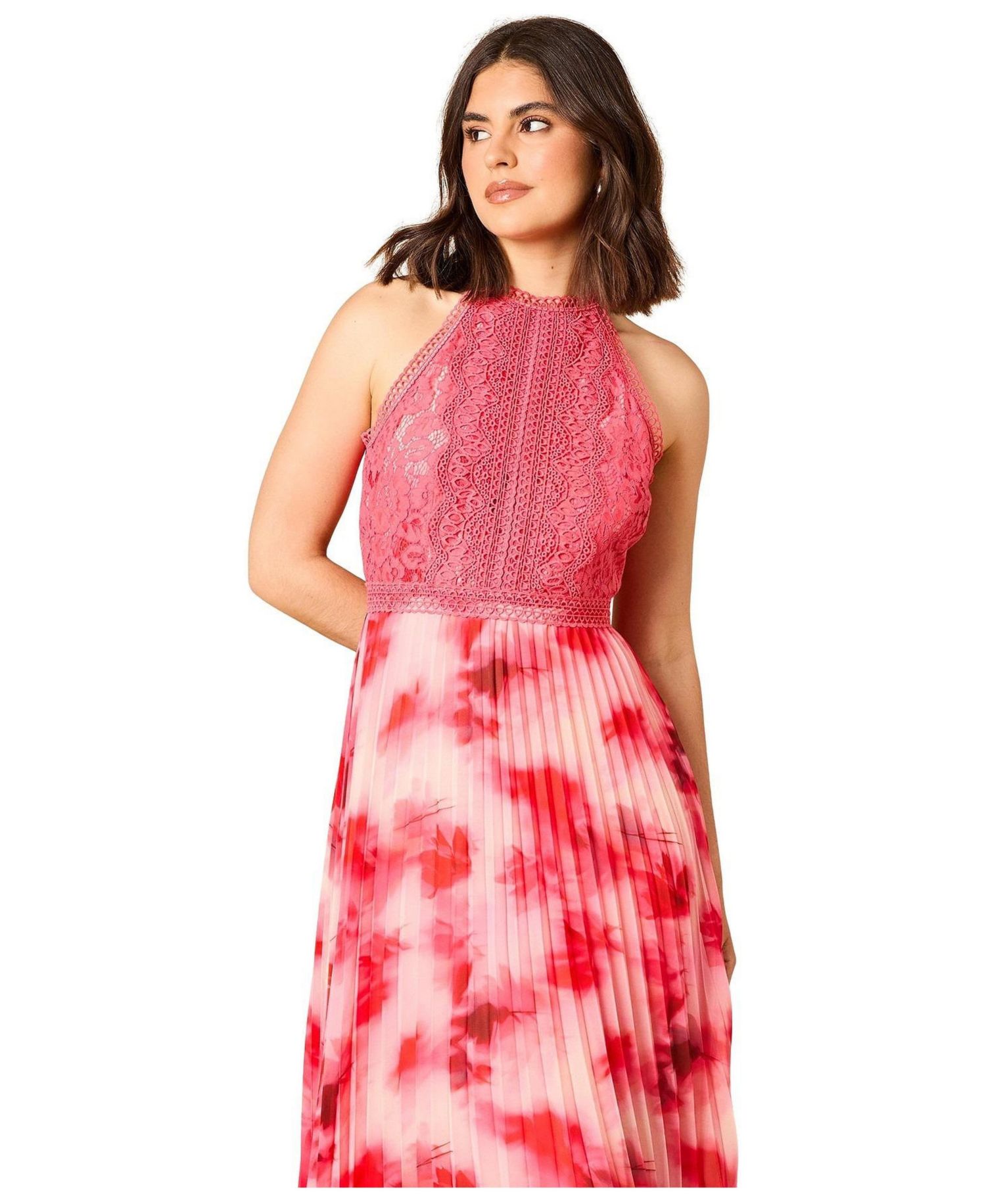 Women's Printed Lace Mix Halterneck Midi Dress