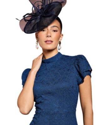 Women's Lace Frill Sleeve High Neck Midi Dress