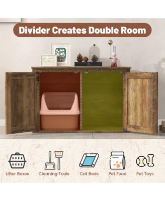 Cat Litter Box Enclosure w/ Double Barn Doors Removable Divider Middle Entry