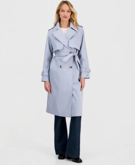 Petite Double-Breasted Belted Trench Coat - SILVER SMOKE