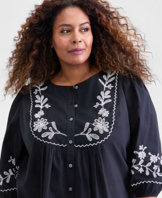 Plus Size Cotton Embroidered 3/4-Sleeve Blouse, Macy's Exclusive