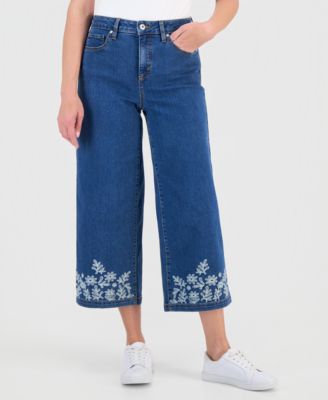 Women's Embroidered High-Rise Wide Leg Cropped Jeans, Macy's Exclusive