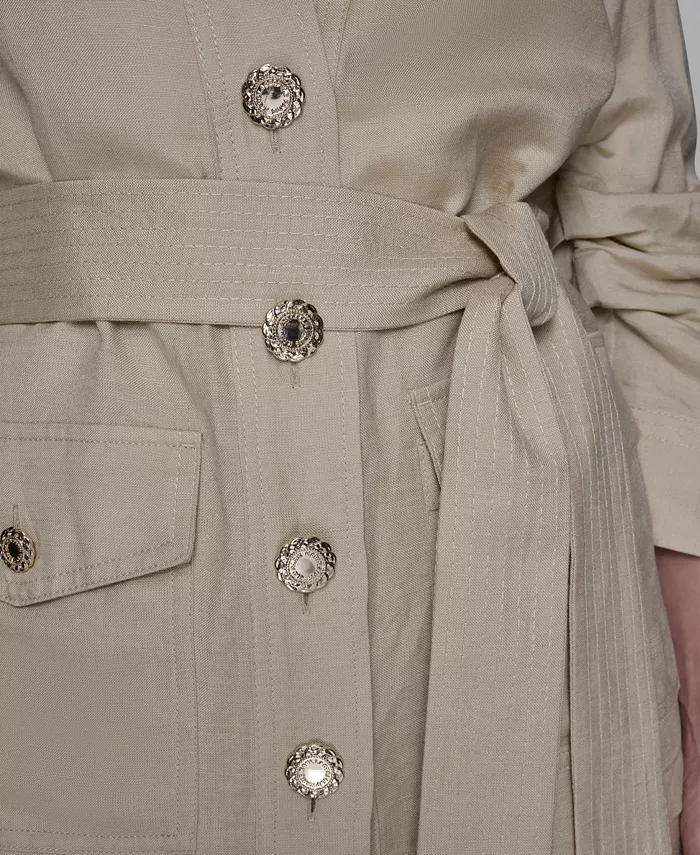 Women's Collared Linen-Blend Belted Jacket - thumbnail 4