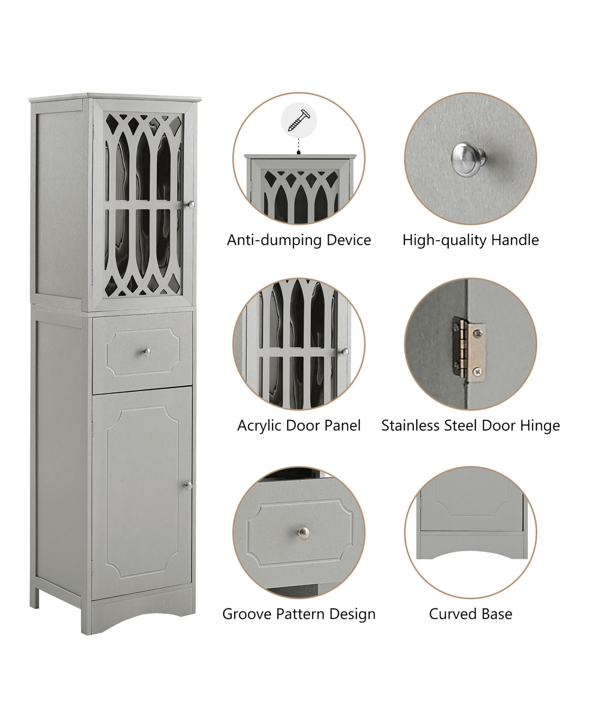 Airsurfer Tall Bathroom Cabinet Freestanding Storage Cabinet with Drawer and Doors Adjustable Shelf Mdf Board Acrylic Door Grey