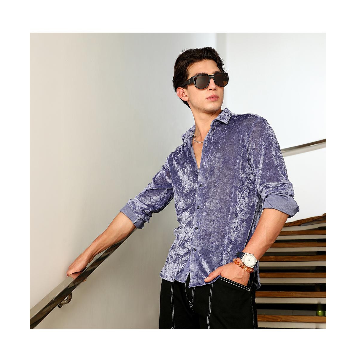 Campus Sutra Men's Cornflower Blue Solid Velvet Shirt