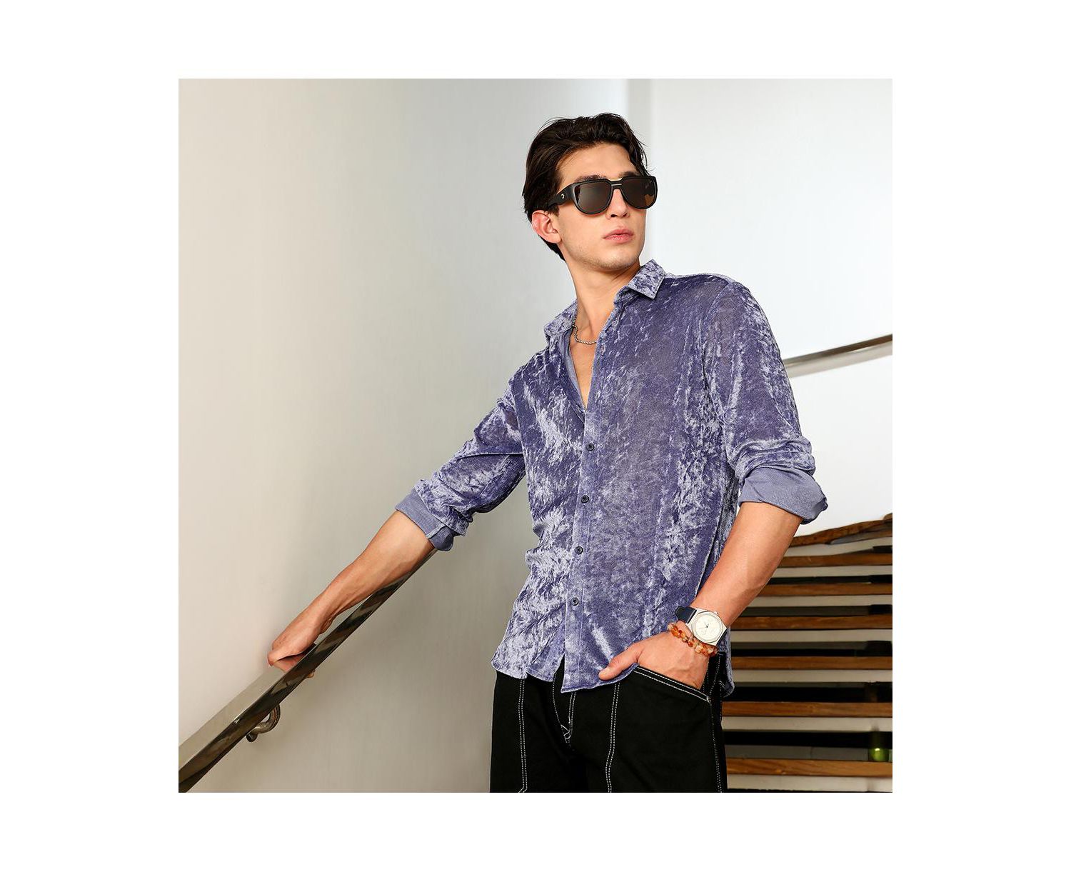 Men's Cornflower Blue Solid Velvet Shirt