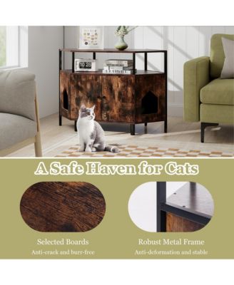 Corner Cat Litter Box Enclosure End Table w/ Open Shelf 2 Entries Double Doors