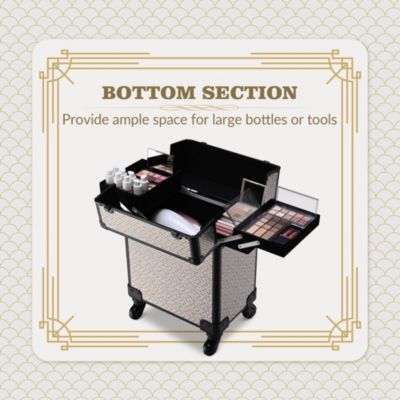 Rolling Makeup Train Case Cosmetology Organizer Box Art Deco Graphite