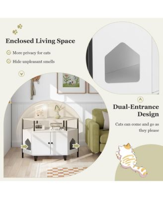 Corner Cat Litter Box Enclosure End Table w/ Open Shelf 2 Entries Double Doors