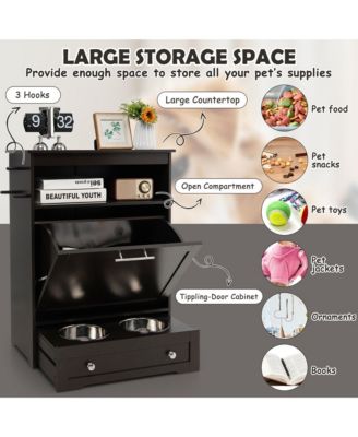 Pet Feeding Station Furniture w/ Double Pull Out Dog Bowl Food Cabinet