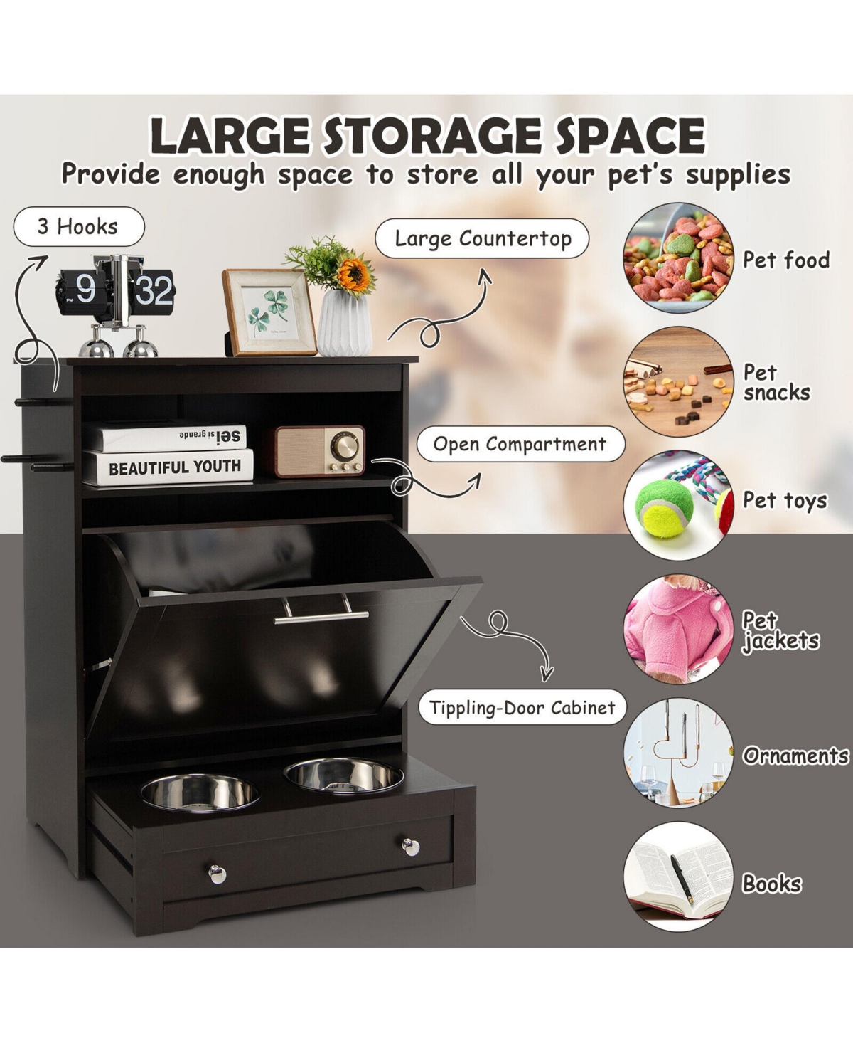 Gymax Pet Feeding Station Furniture w/ Double Pull Out Dog Bowl Food Cabinet