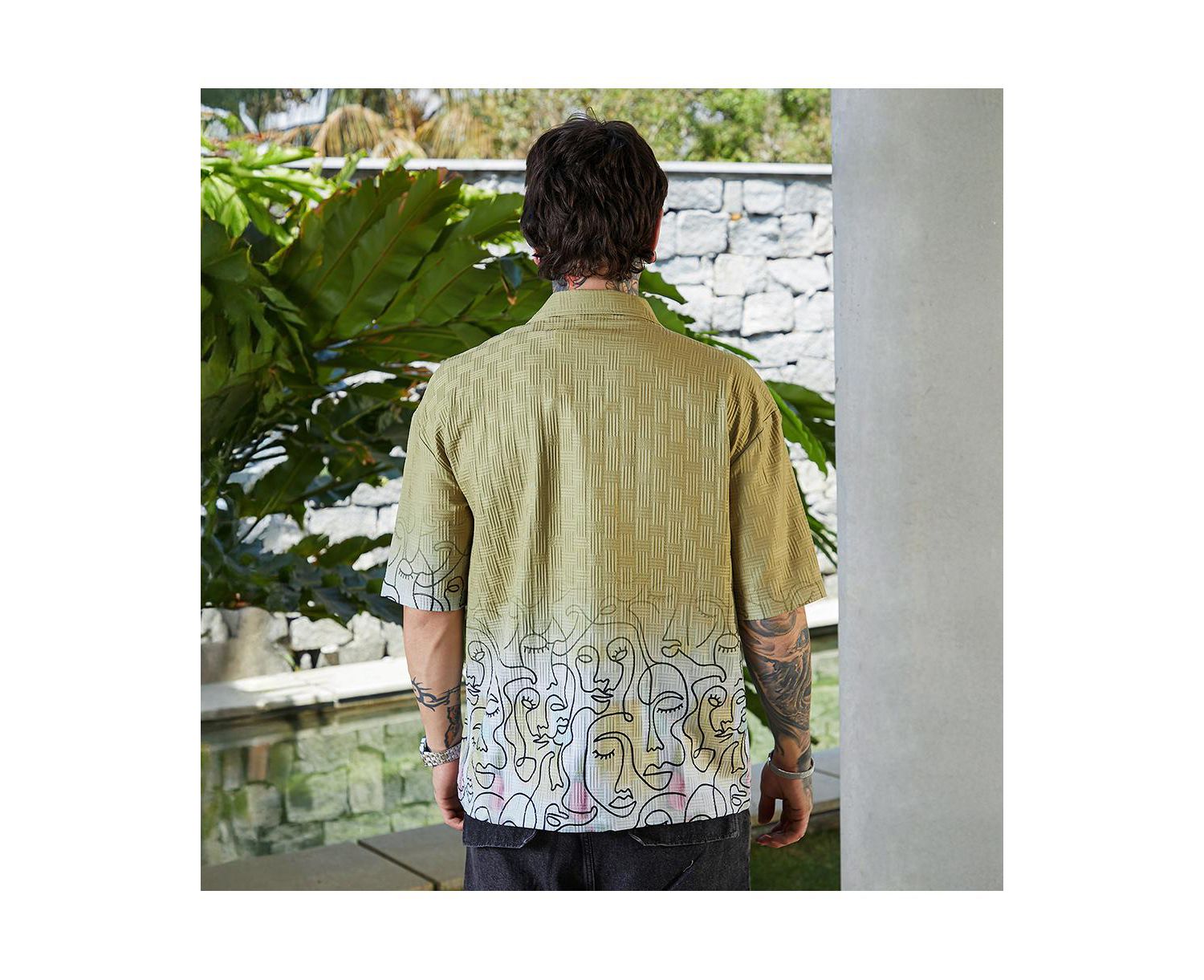 Men's Pistachio Green Faces-Ombre Oversized Shirt