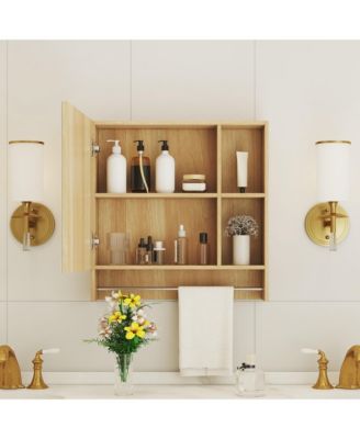 1Pc Wall-Mounted Mirror Cabinet with 4 Compartments, Towel Rack & Adjustable Shelves – Bathroom Medicine Organizer