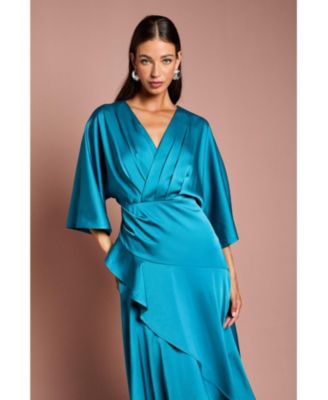 Women's Satin Crepe Ruffle Wrap Midi Dress