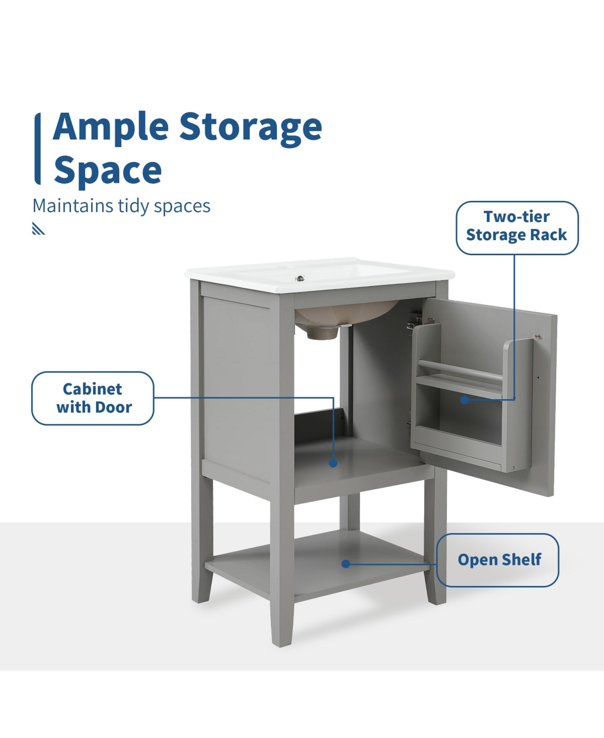 20" Bathroom Vanity with Sink, Cabinet Soft Closing Door, Storage Rack and Open Shelf, White