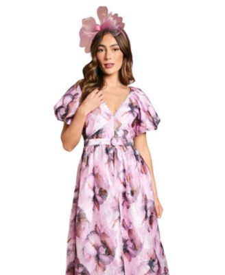Women's Short Puff Sleeve Belted Midi Dress
