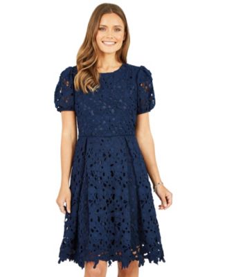 Women's Lace Skater Dress With Puff Sleeves
