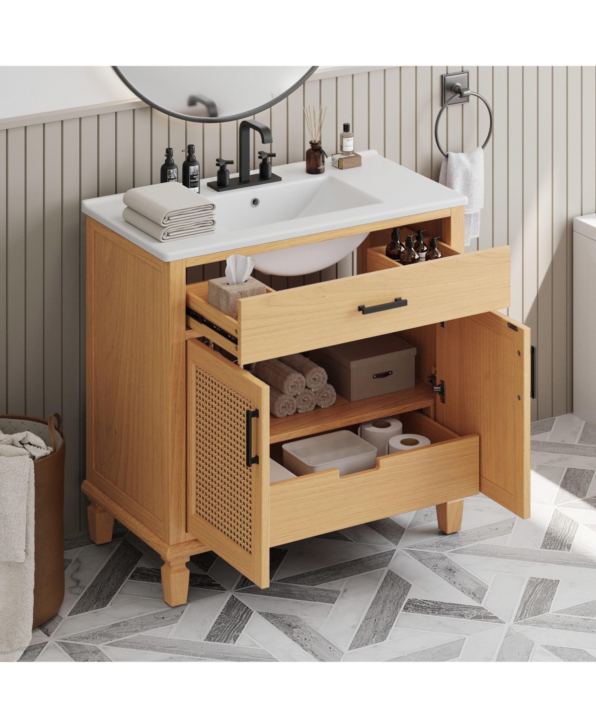 Boyel Living 36" Rattan Bathroom Vanity with Ceramic Sink, Soft-Close Doors & Large Storage, Free-Standing Solid Wood Design, Natural