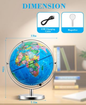 13-Inch Illuminated World Globe with Stand LED Light, Dual-Axis Rotation, USB Powered Educational Globe for Kids & Adults