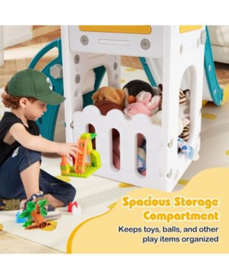 6-in-1 Toddler Slide L-shaped Playground with Basketball Hoop and Ladder