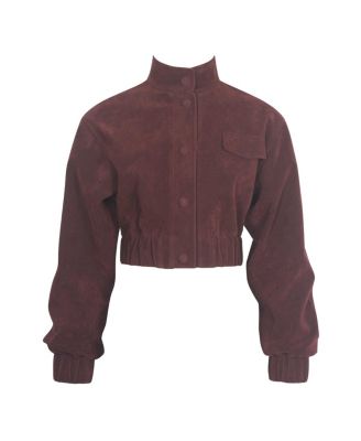 Women Farryn Mahogany Faux Suede Cropped Bomber Jacket