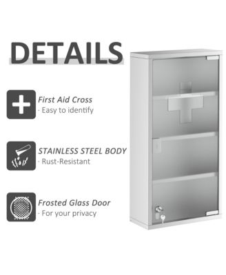 Wall Mounted Medicine Cabinet Locking Storage Cabinet with 4 Tier Shelves Stainless Steel Frame Glass Door
