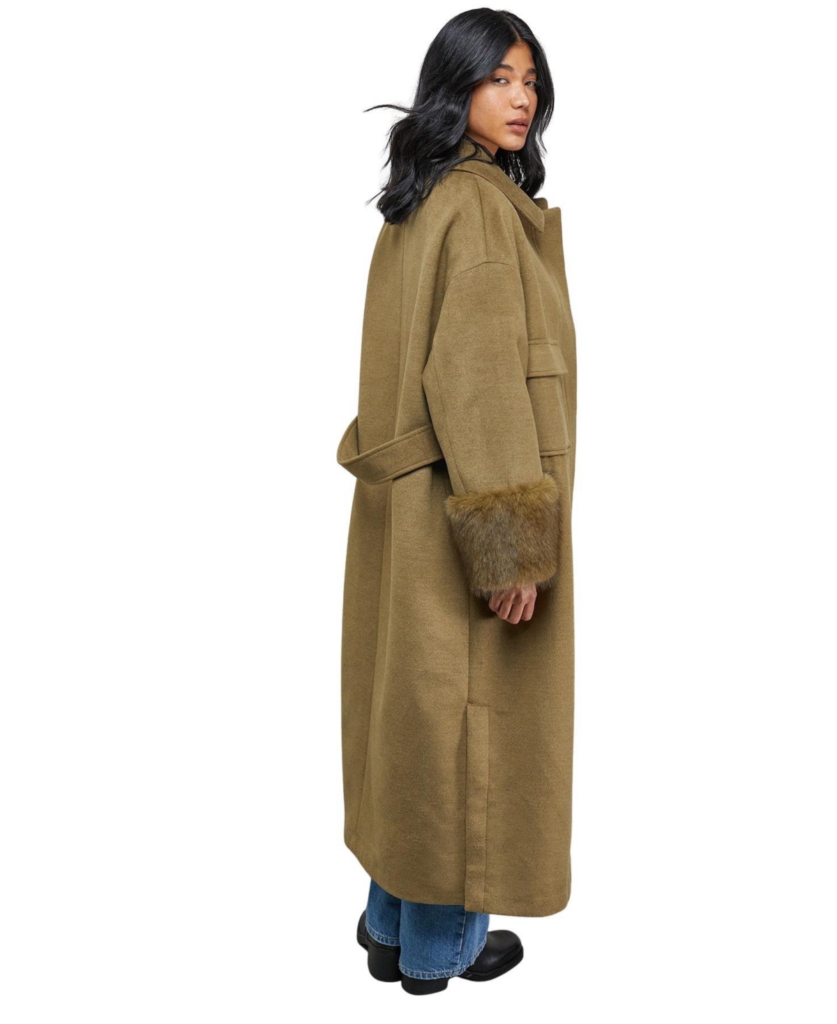 Warehouse Women's Patch Pocket Faux Fur Cuff Maxi Coat