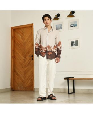 Men's Beige Rayon Shirt With Abstract Mountain Print