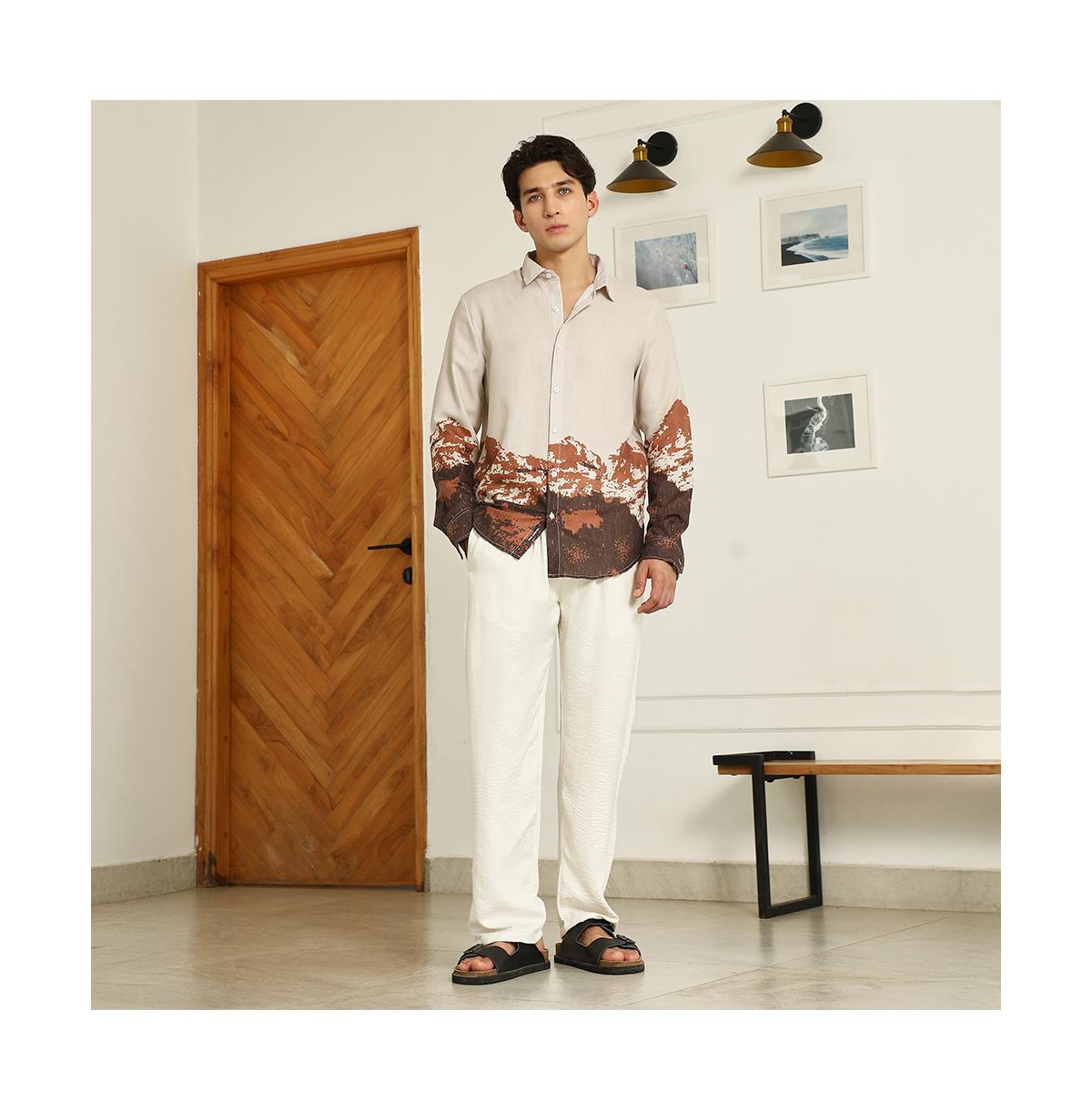 Campus Sutra Men's Beige Rayon Shirt With Abstract Mountain Print