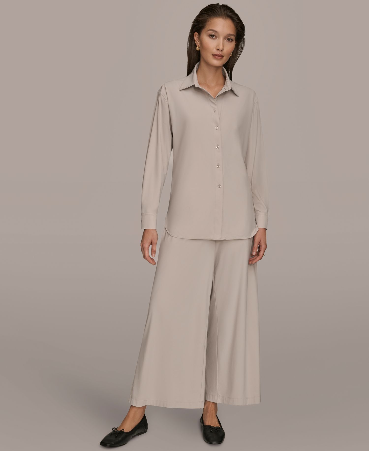 Women's 4-way Stretch Knit Long-Sleeve Button-Down Shirt and 4-way Stretch Knit Mid-Rise Ankle Pants