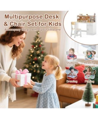 Kids Study Desk and Chair Set Wooden Children Writing Table with Shelves &amp; Drawer