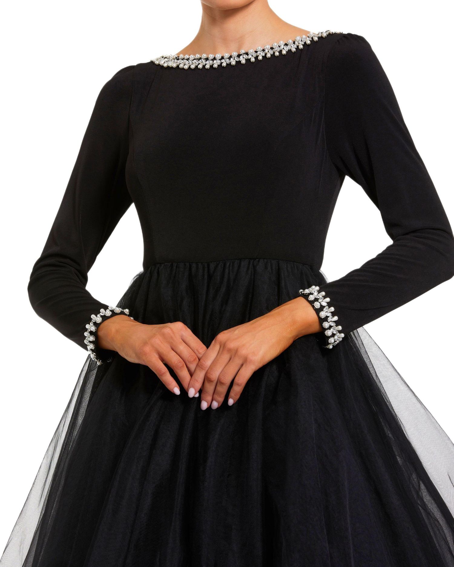 Women's Embellished Jersey Long Sleeve Ballgown With Tulle Skirt