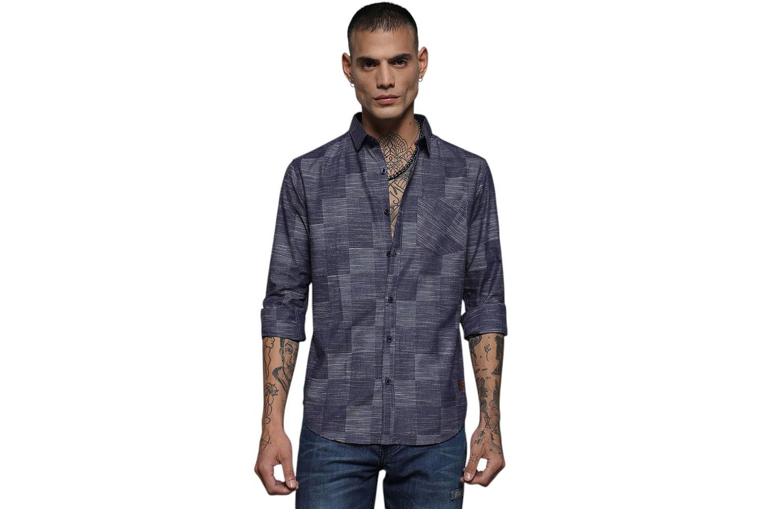 Men's Steel Blue Heathered Denim Check Shirt