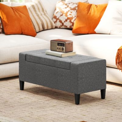 Recgular Tufted Linen Storage Ottoman Bench with Flipping Top