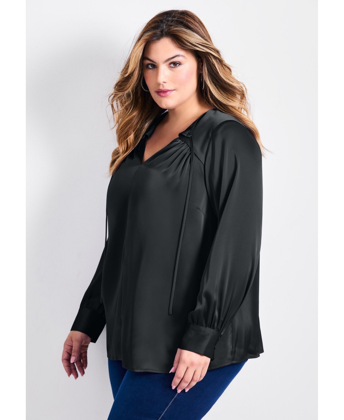 Avenue Women's Marlene Tie Front Satin Blouse