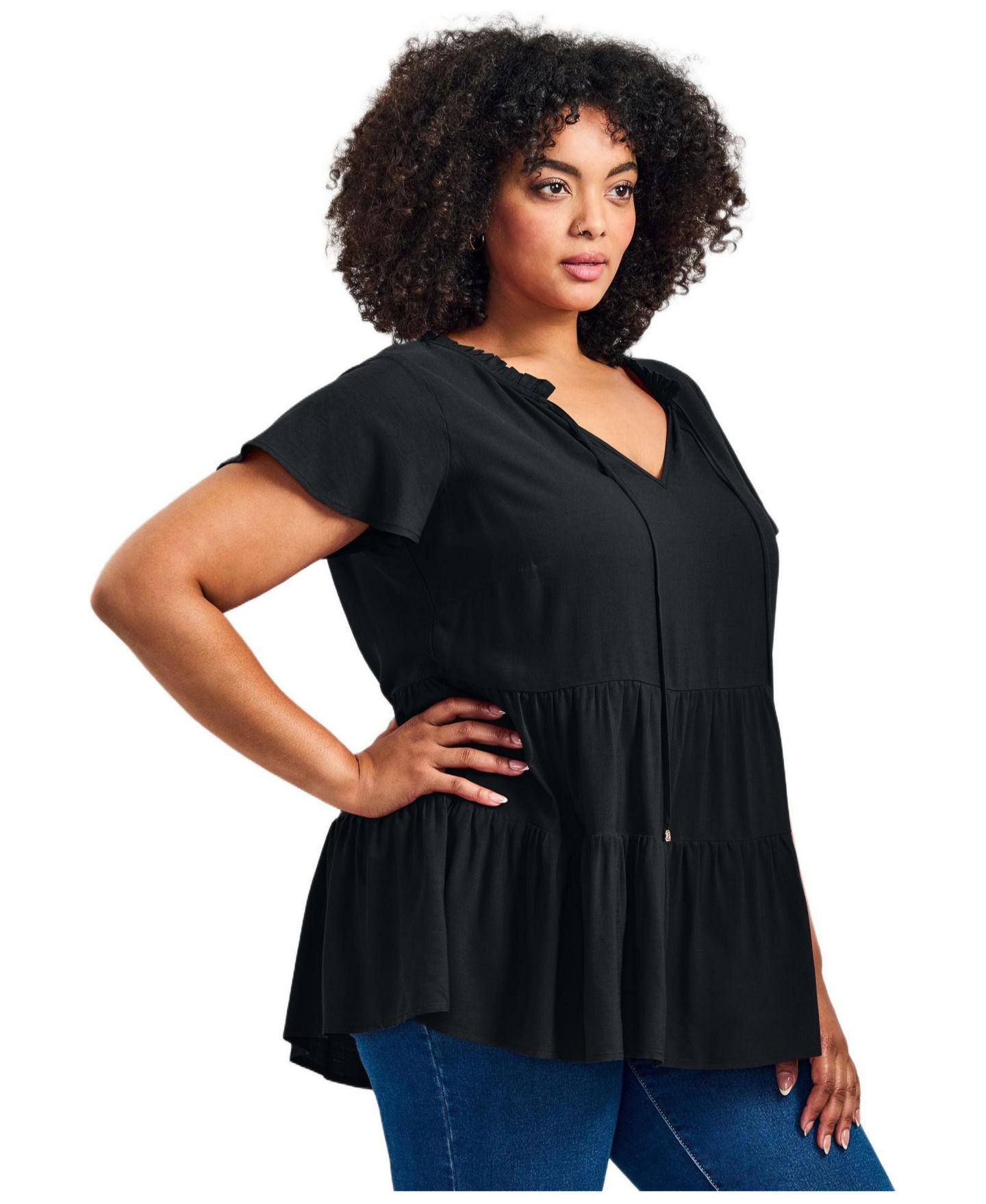 Женский топ Avenue Plus Size Lani Flutter Sleeve Tiered, цвет: Чёрный — фото 3