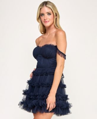 Juniors' Strapless Tiered Mesh Mini Dress