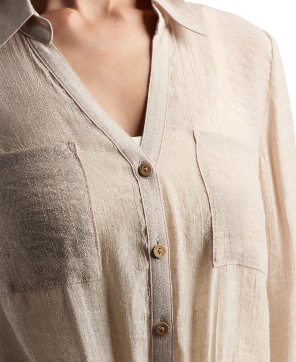 Bcx Women's Resort Gauzy Texture Collared Button Up Shirt In Neutral