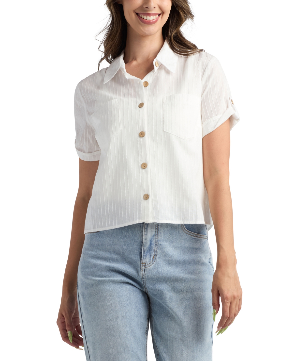 Bcx Juniors' Short-sleeve Button-up Shirt In White
