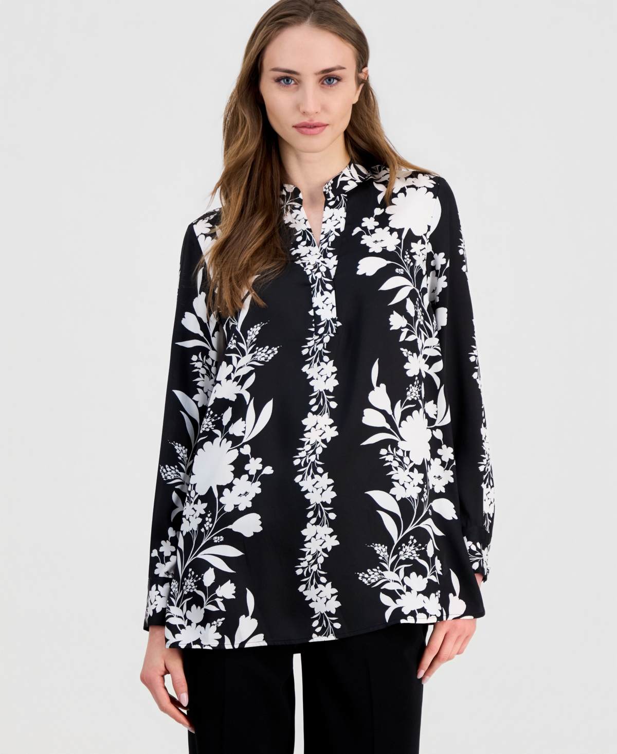 Anne Klein Women's Printed Long-Sleeve Popover Blouse