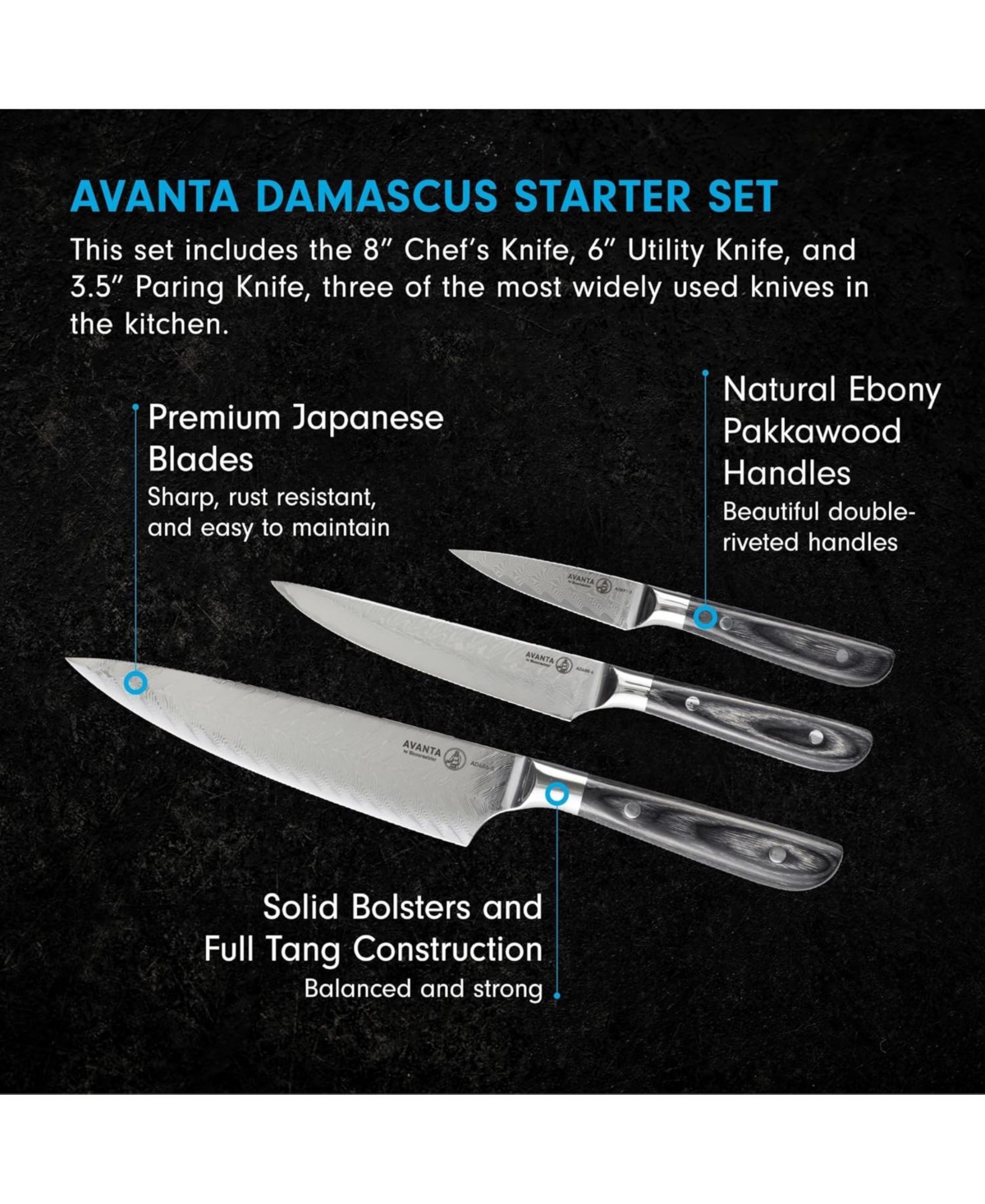 Messermeister Avanta Damascus 3 Pc Starter Set