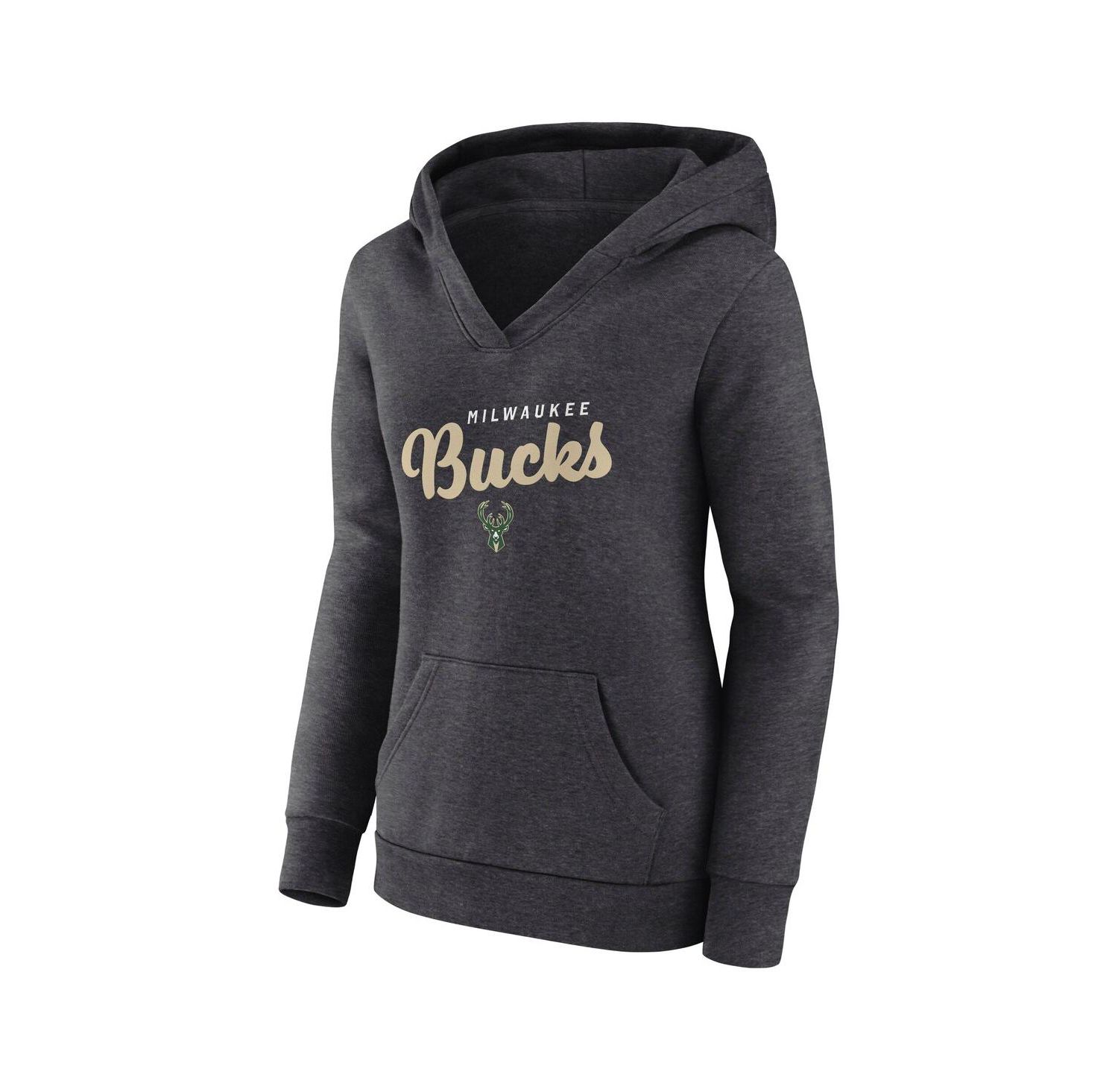 Women's Heather Charcoal Milwaukee Bucks Triumphant V-Neck Pullover Hoodie